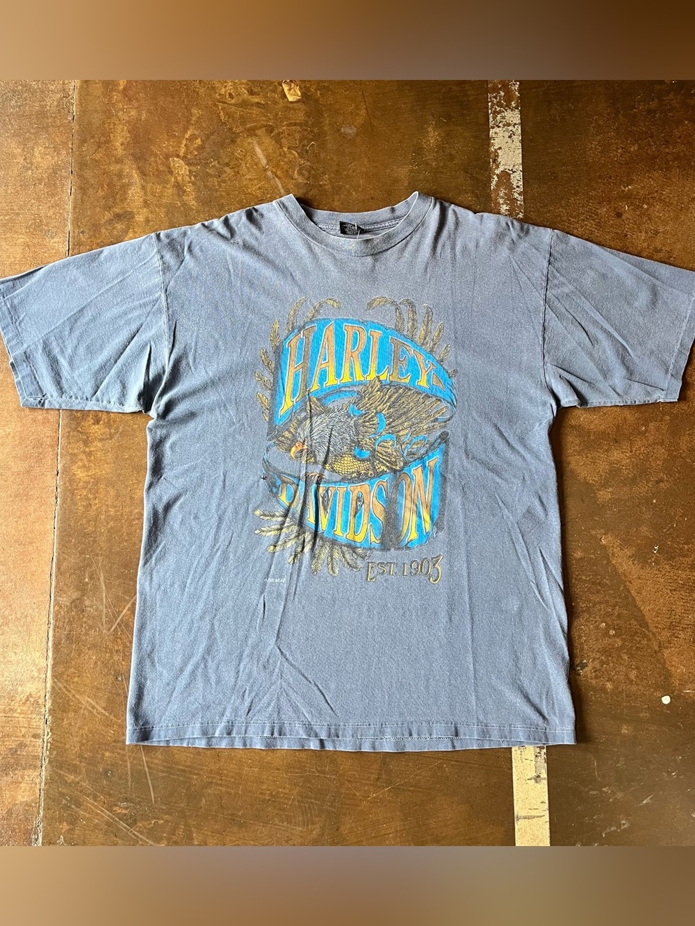 Harley Davidson Vintage USA Made Blue Eagle Print Double Sided Biker T-Shirt XL